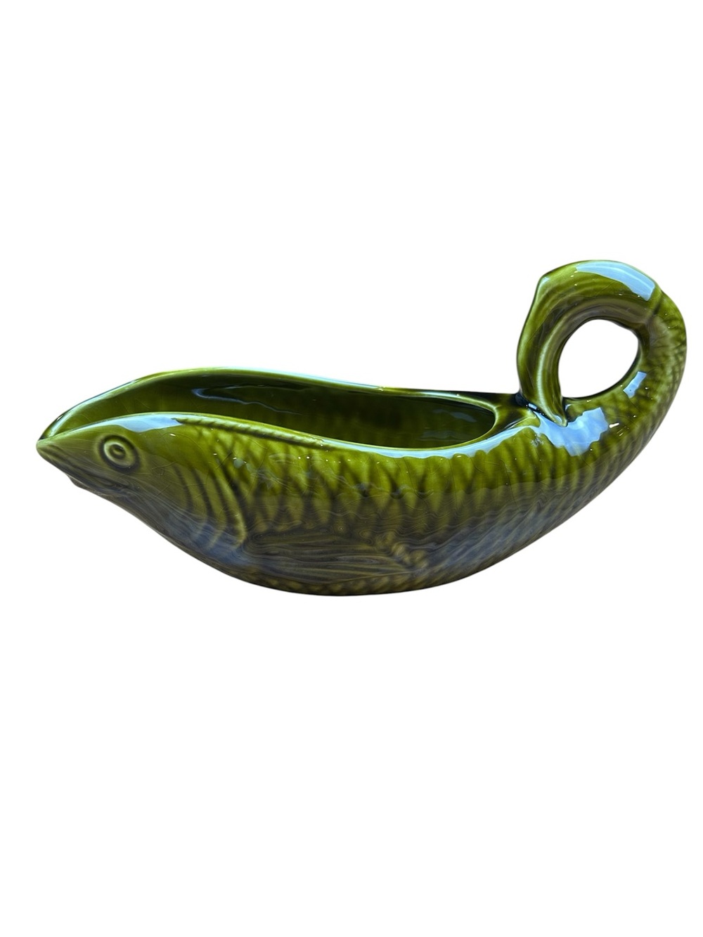 Vintage French Majolica Sarreguemines Green Fish Gravy Boat Fish Sauce Boat